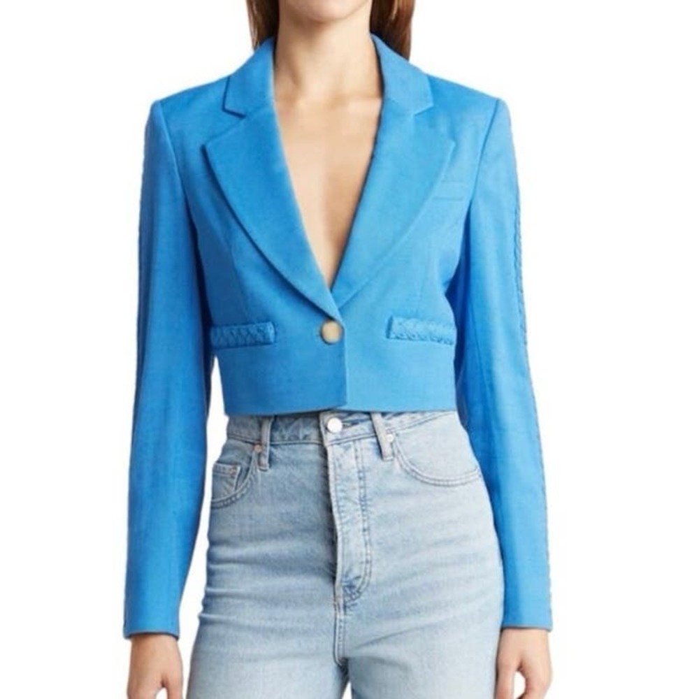 NWT JASON WU Linen-Blend Crop Cropped Braided Jacket Blazer Cobalt Blue Top - S